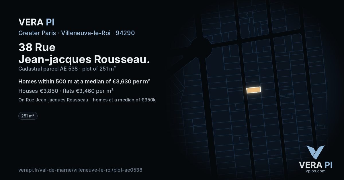 38 Rue Jean-jacques Rousseau, Villeneuve-le-Roi at night – the plot lit, the parcels around coloured by the prices near them