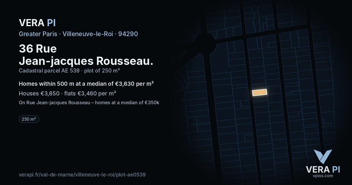 36 Rue Jean-jacques Rousseau, Villeneuve-le-Roi at night – the plot lit, the parcels around coloured by the prices near them