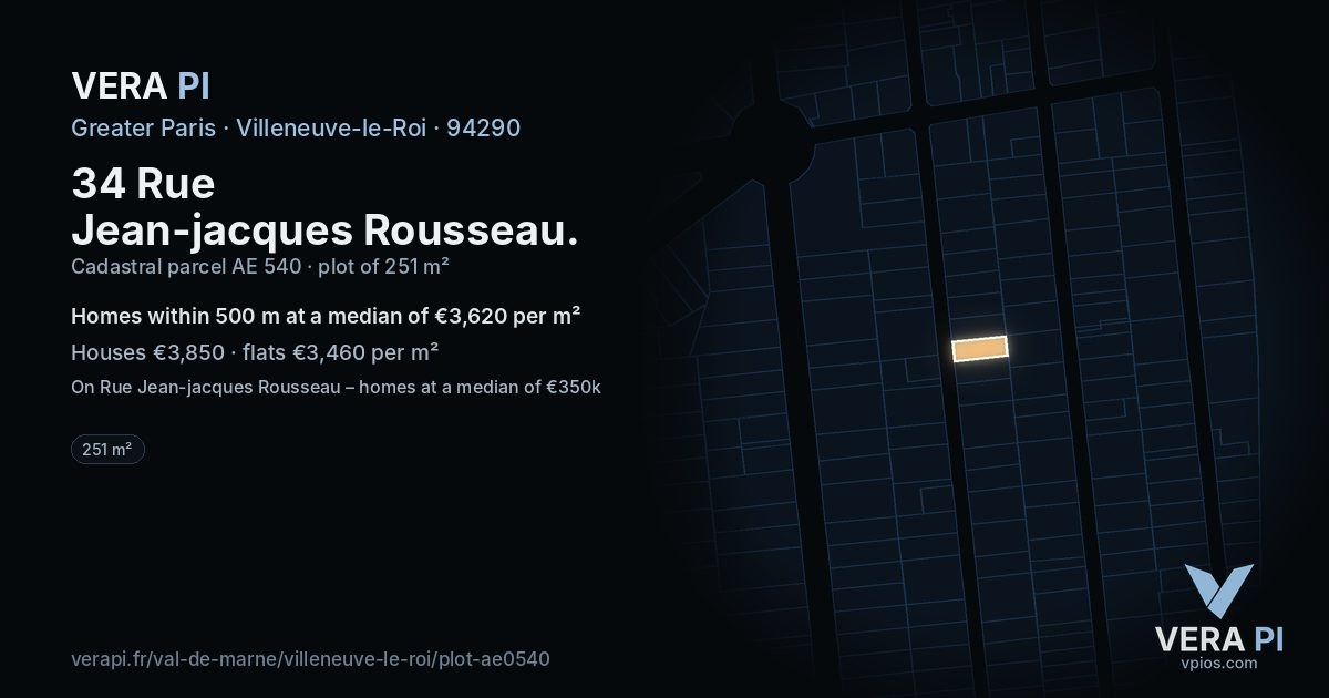 34 Rue Jean-jacques Rousseau, Villeneuve-le-Roi at night – the plot lit, the parcels around coloured by the prices near them