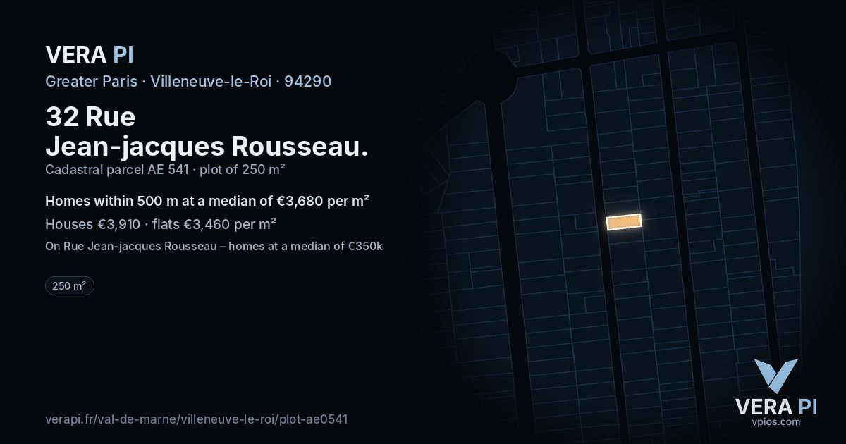 32 Rue Jean-jacques Rousseau, Villeneuve-le-Roi at night – the plot lit, the parcels around coloured by the prices near them
