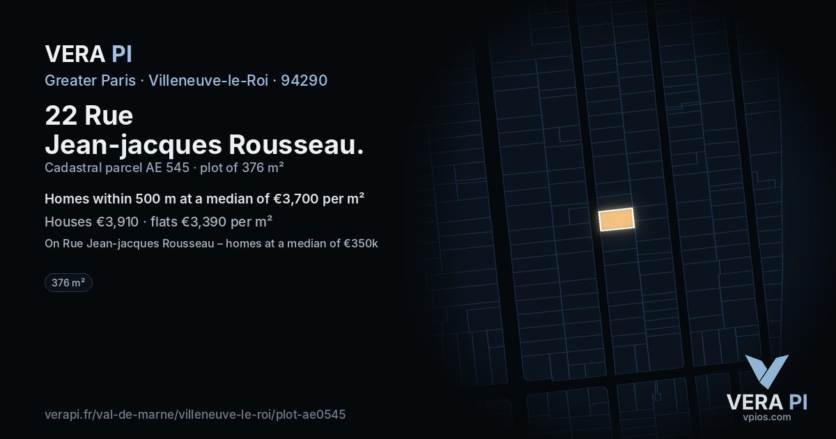 22 Rue Jean-jacques Rousseau, Villeneuve-le-Roi at night – the plot lit, the parcels around coloured by the prices near them