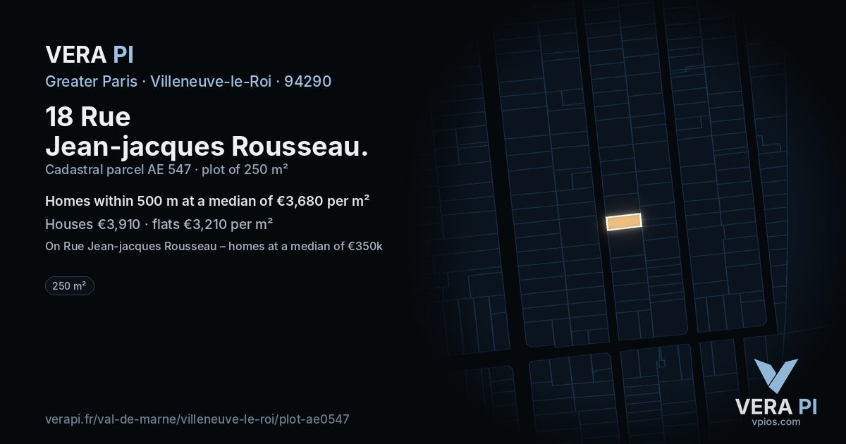 18 Rue Jean-jacques Rousseau, Villeneuve-le-Roi at night – the plot lit, the parcels around coloured by the prices near them
