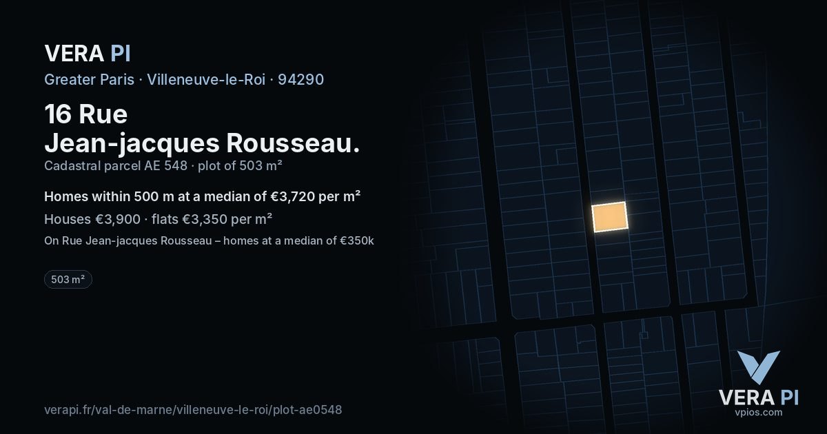 16 Rue Jean-jacques Rousseau, Villeneuve-le-Roi at night – the plot lit, the parcels around coloured by the prices near them