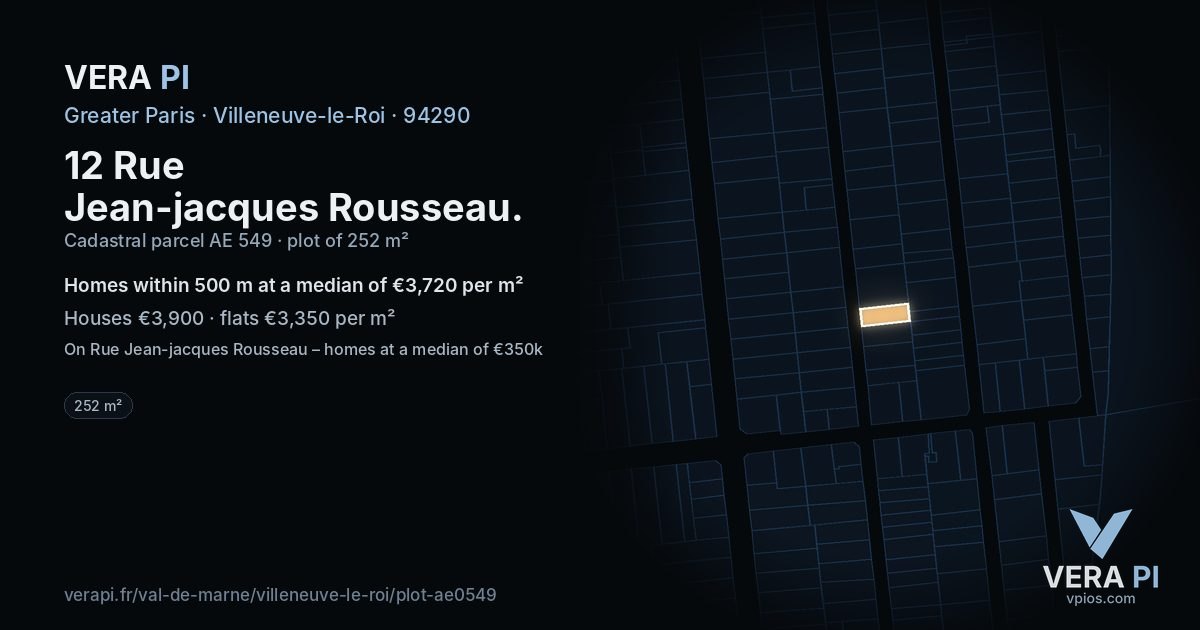 12 Rue Jean-jacques Rousseau, Villeneuve-le-Roi at night – the plot lit, the parcels around coloured by the prices near them