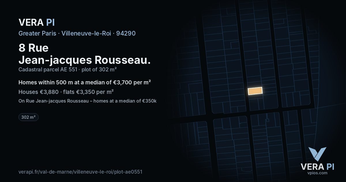 8 Rue Jean-jacques Rousseau, Villeneuve-le-Roi at night – the plot lit, the parcels around coloured by the prices near them