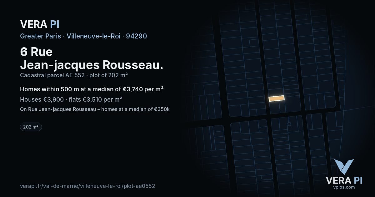 6 Rue Jean-jacques Rousseau, Villeneuve-le-Roi at night – the plot lit, the parcels around coloured by the prices near them