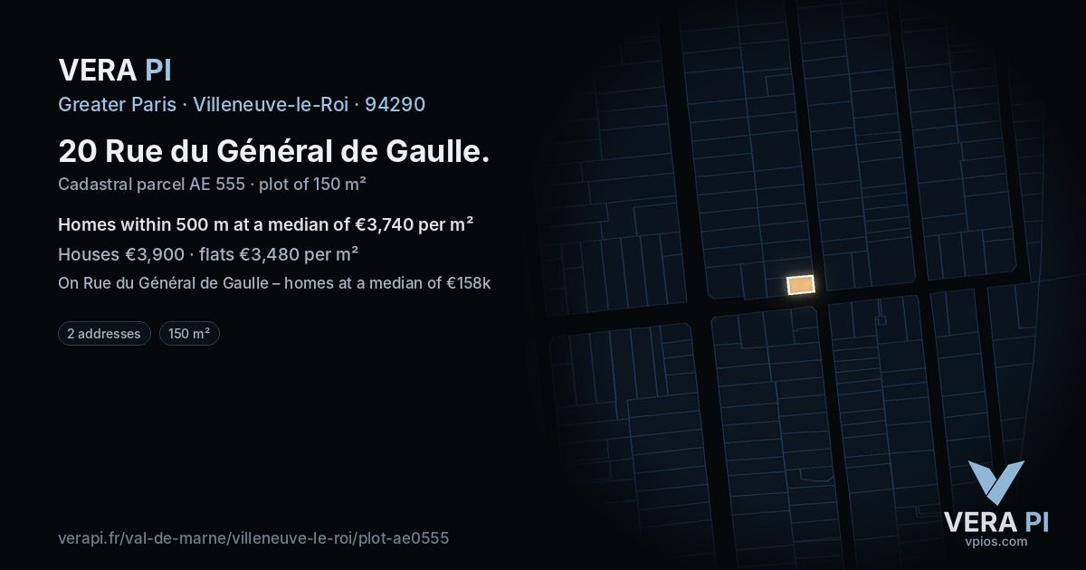 20 Rue du Général de Gaulle, Villeneuve-le-Roi at night – the plot lit, the parcels around coloured by the prices near them