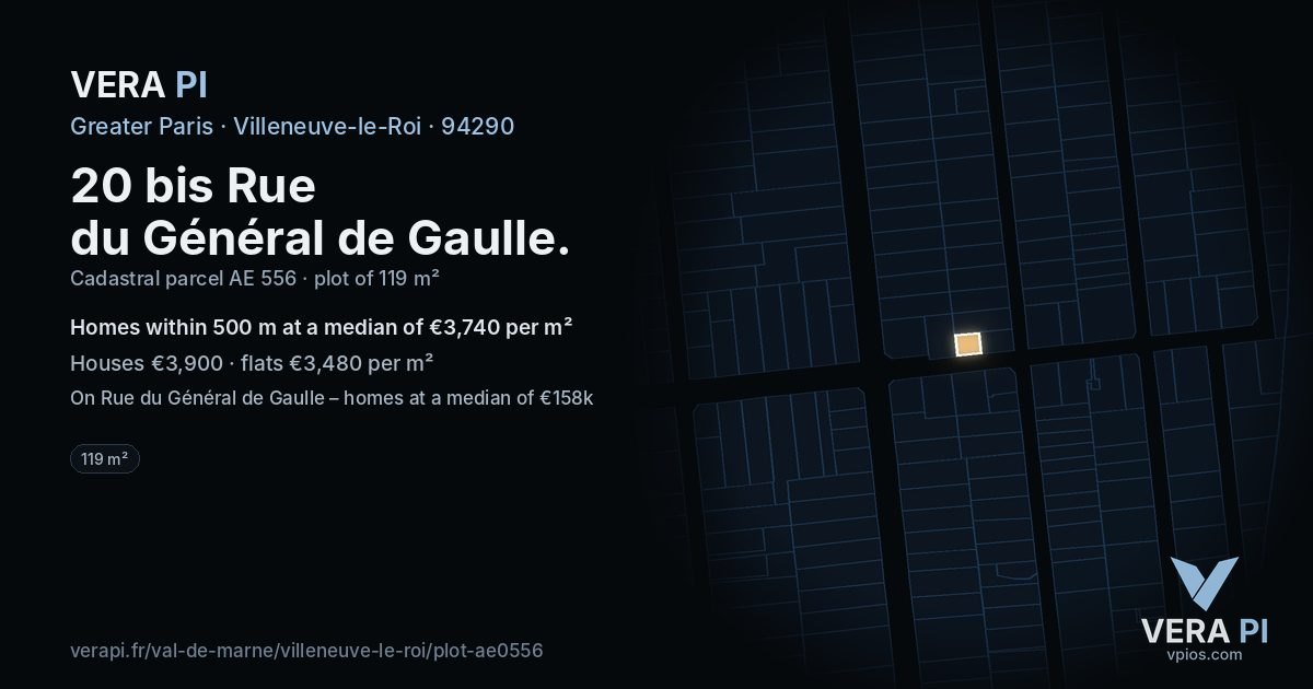 20 bis Rue du Général de Gaulle, Villeneuve-le-Roi at night – the plot lit, the parcels around coloured by the prices near them