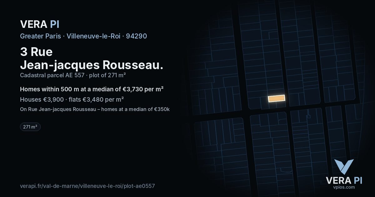 3 Rue Jean-jacques Rousseau, Villeneuve-le-Roi at night – the plot lit, the parcels around coloured by the prices near them