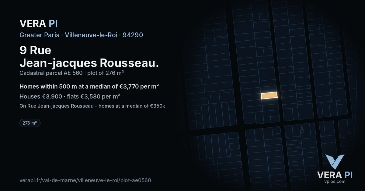 9 Rue Jean-jacques Rousseau, Villeneuve-le-Roi at night – the plot lit, the parcels around coloured by the prices near them