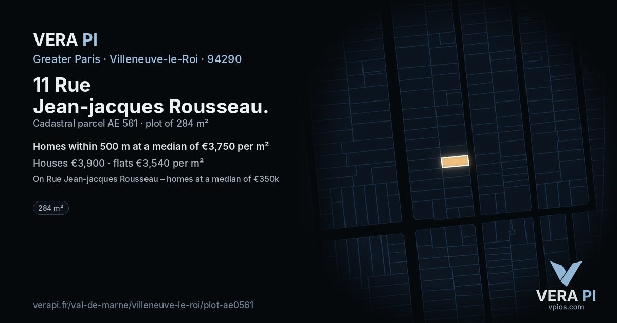 11 Rue Jean-jacques Rousseau, Villeneuve-le-Roi at night – the plot lit, the parcels around coloured by the prices near them