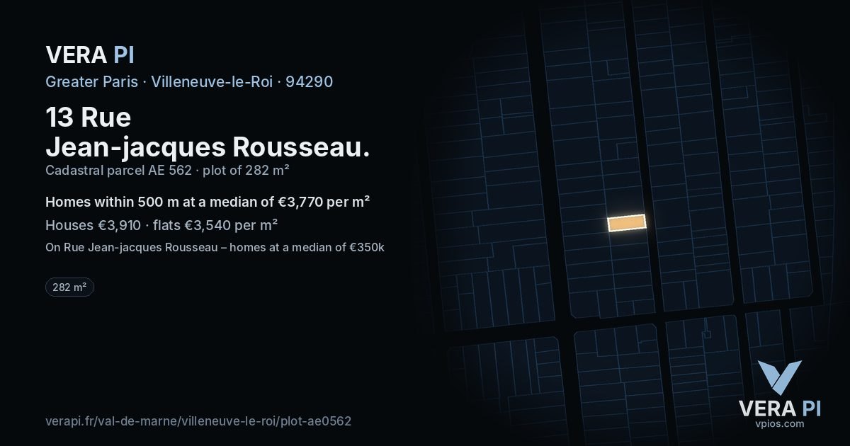 13 Rue Jean-jacques Rousseau, Villeneuve-le-Roi at night – the plot lit, the parcels around coloured by the prices near them