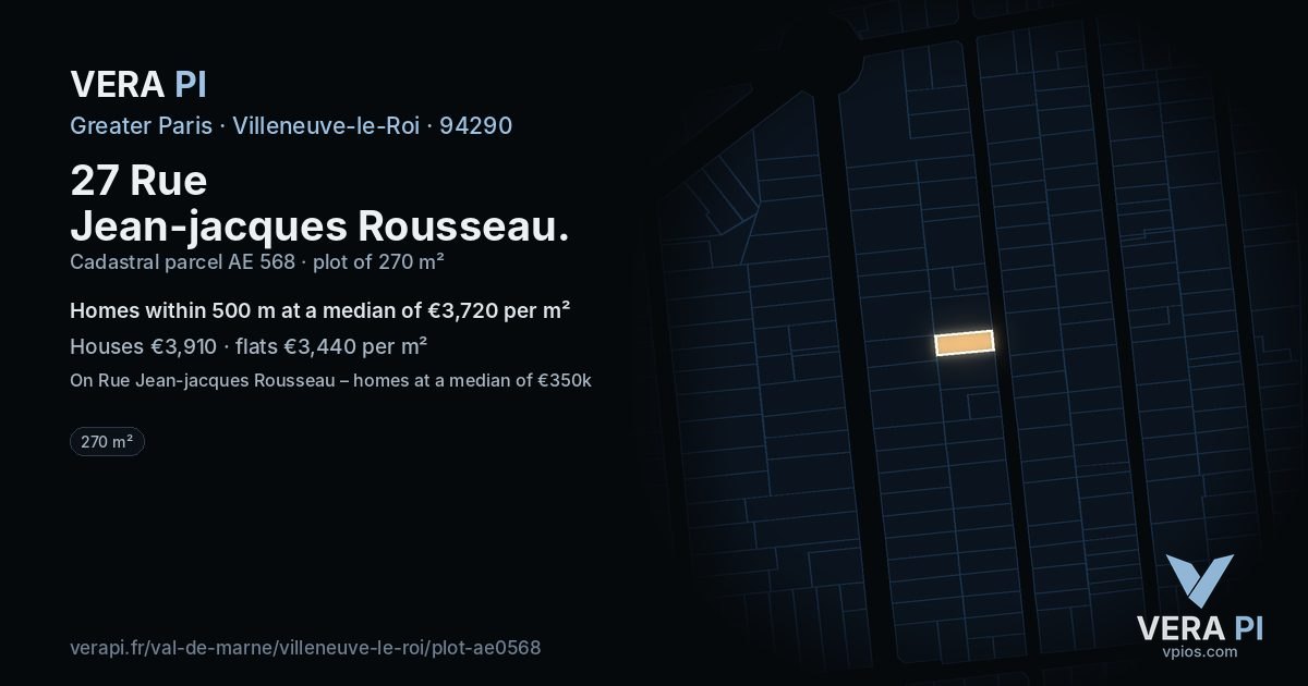 27 Rue Jean-jacques Rousseau, Villeneuve-le-Roi at night – the plot lit, the parcels around coloured by the prices near them