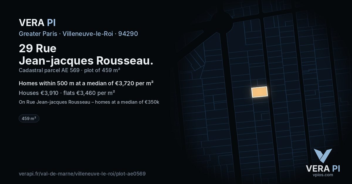 29 Rue Jean-jacques Rousseau, Villeneuve-le-Roi at night – the plot lit, the parcels around coloured by the prices near them