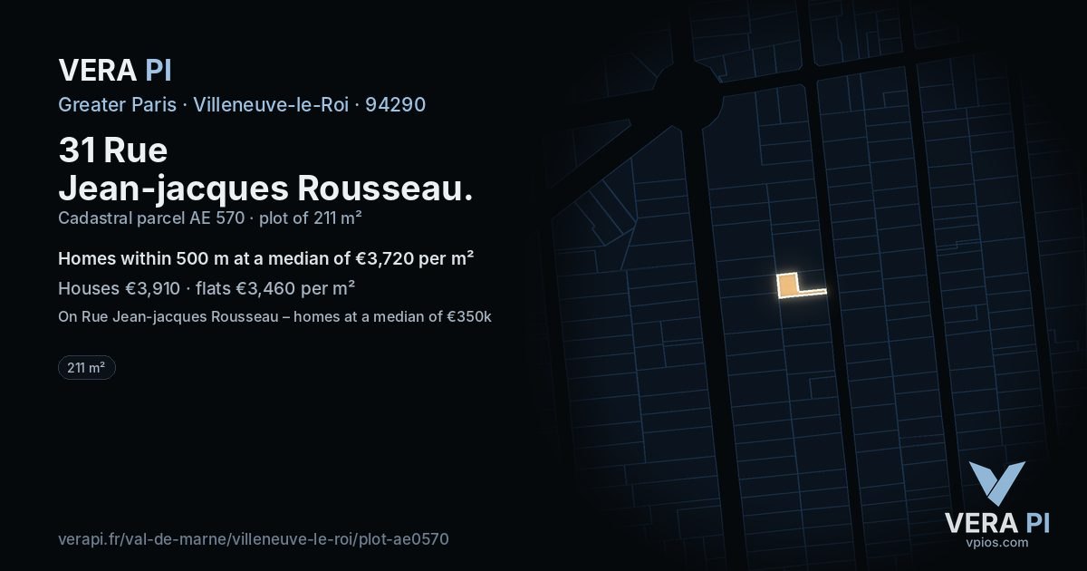 31 Rue Jean-jacques Rousseau, Villeneuve-le-Roi at night – the plot lit, the parcels around coloured by the prices near them