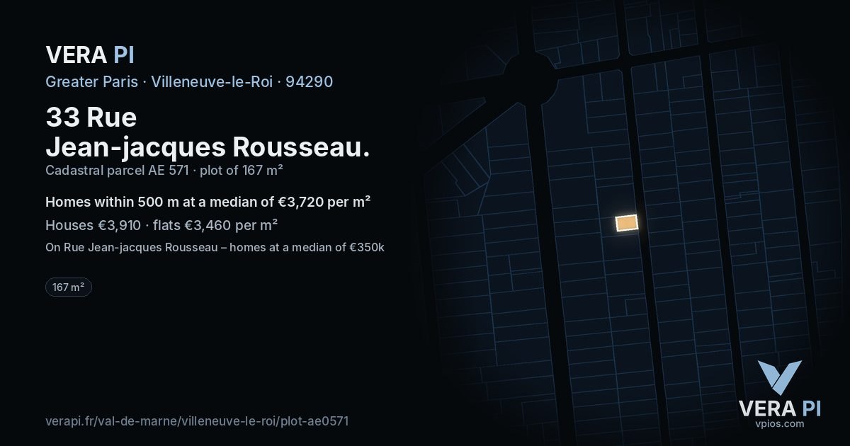 33 Rue Jean-jacques Rousseau, Villeneuve-le-Roi at night – the plot lit, the parcels around coloured by the prices near them