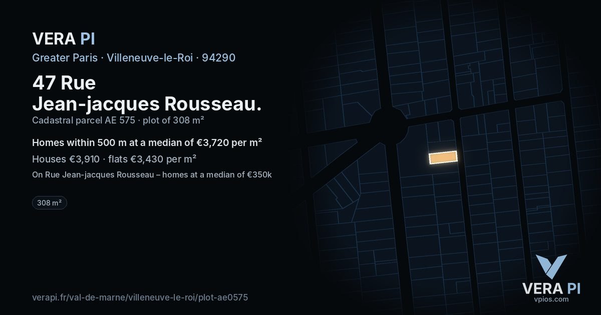 47 Rue Jean-jacques Rousseau, Villeneuve-le-Roi at night – the plot lit, the parcels around coloured by the prices near them