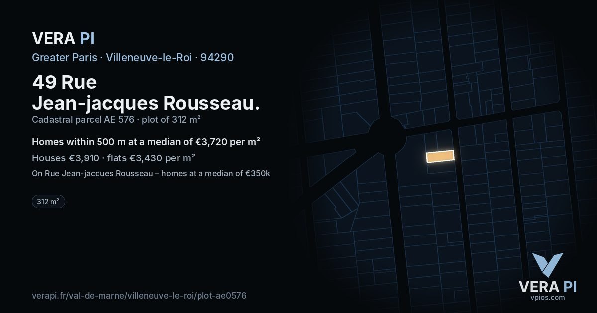49 Rue Jean-jacques Rousseau, Villeneuve-le-Roi at night – the plot lit, the parcels around coloured by the prices near them
