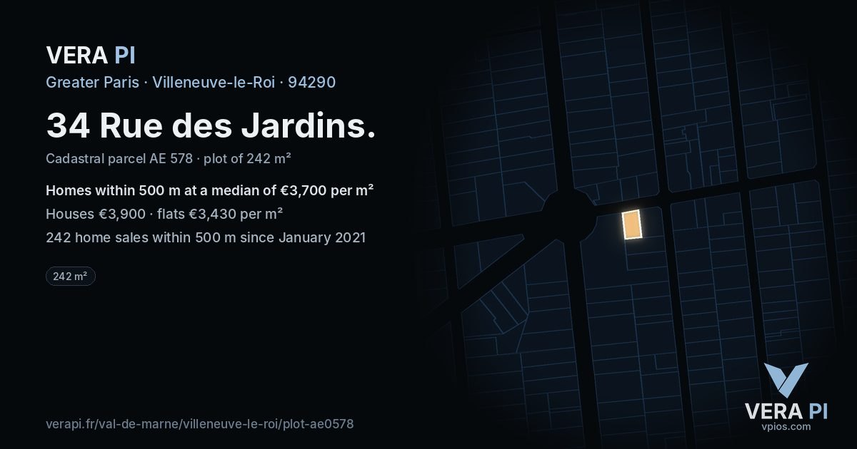34 Rue des Jardins, Villeneuve-le-Roi at night – the plot lit, the parcels around coloured by the prices near them