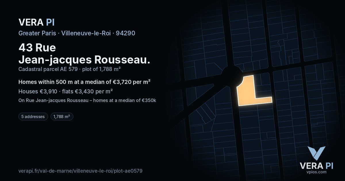 43 Rue Jean-jacques Rousseau, Villeneuve-le-Roi at night – the plot lit, the parcels around coloured by the prices near them