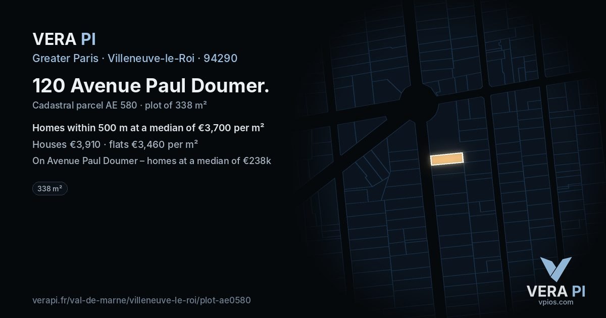 120 Avenue Paul Doumer, Villeneuve-le-Roi at night – the plot lit, the parcels around coloured by the prices near them