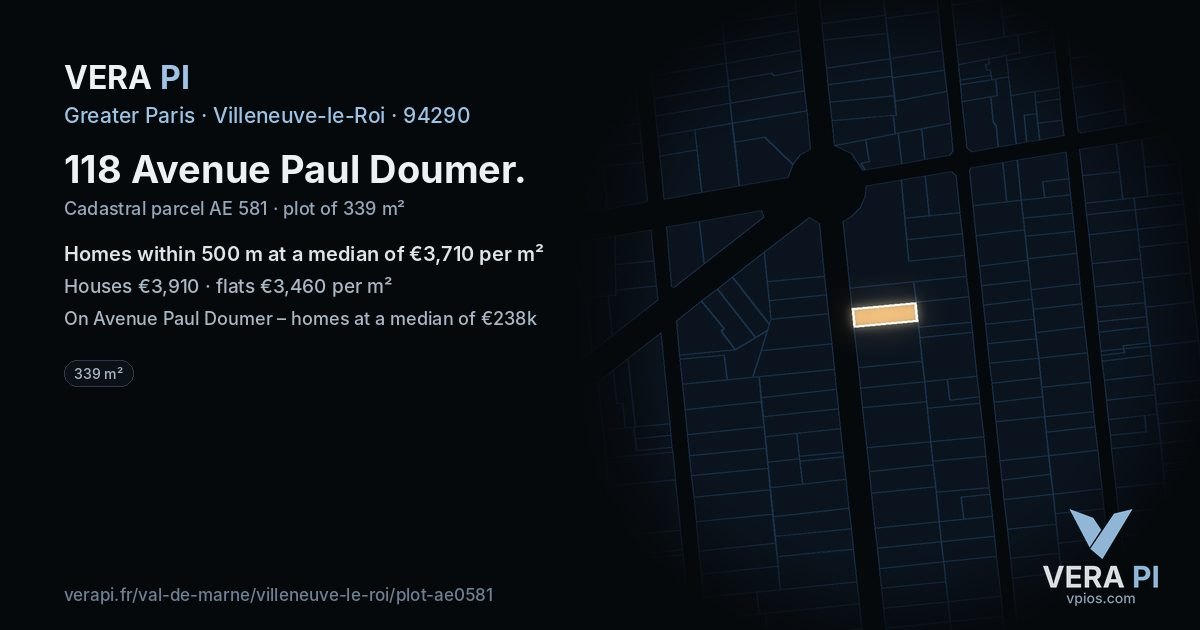 118 Avenue Paul Doumer, Villeneuve-le-Roi at night – the plot lit, the parcels around coloured by the prices near them