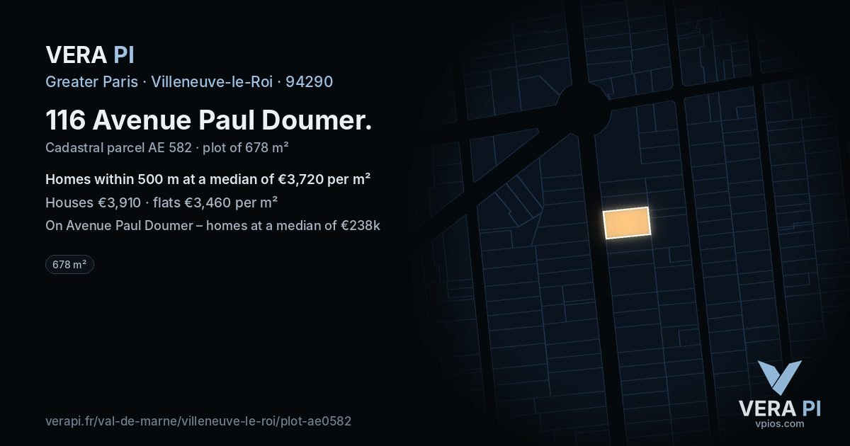 116 Avenue Paul Doumer, Villeneuve-le-Roi at night – the plot lit, the parcels around coloured by the prices near them