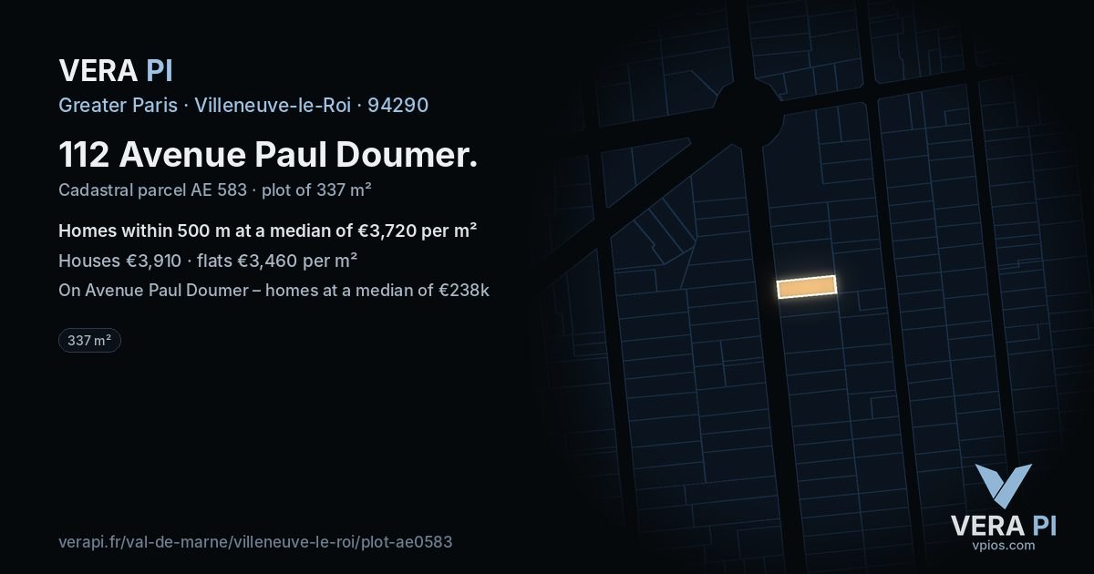 112 Avenue Paul Doumer, Villeneuve-le-Roi at night – the plot lit, the parcels around coloured by the prices near them