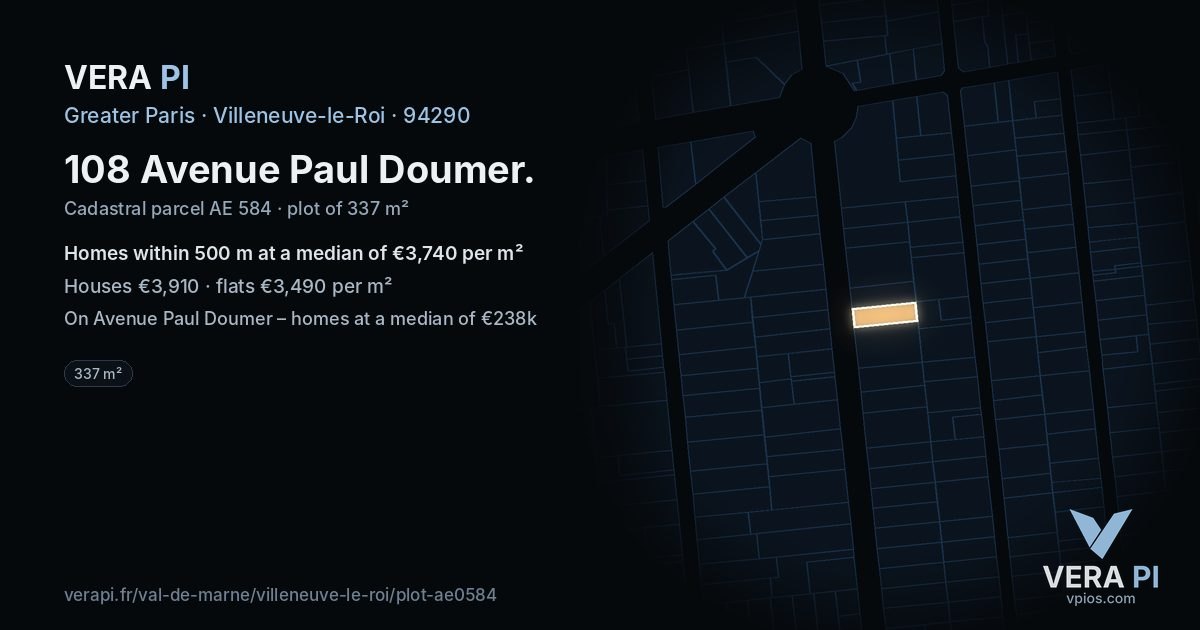 108 Avenue Paul Doumer, Villeneuve-le-Roi at night – the plot lit, the parcels around coloured by the prices near them