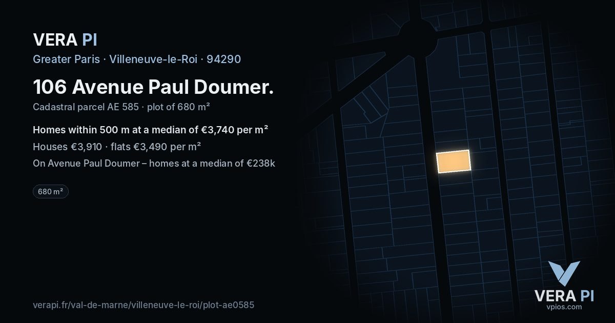106 Avenue Paul Doumer, Villeneuve-le-Roi at night – the plot lit, the parcels around coloured by the prices near them