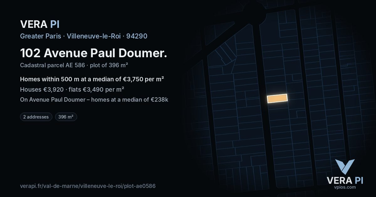 102 Avenue Paul Doumer, Villeneuve-le-Roi at night – the plot lit, the parcels around coloured by the prices near them