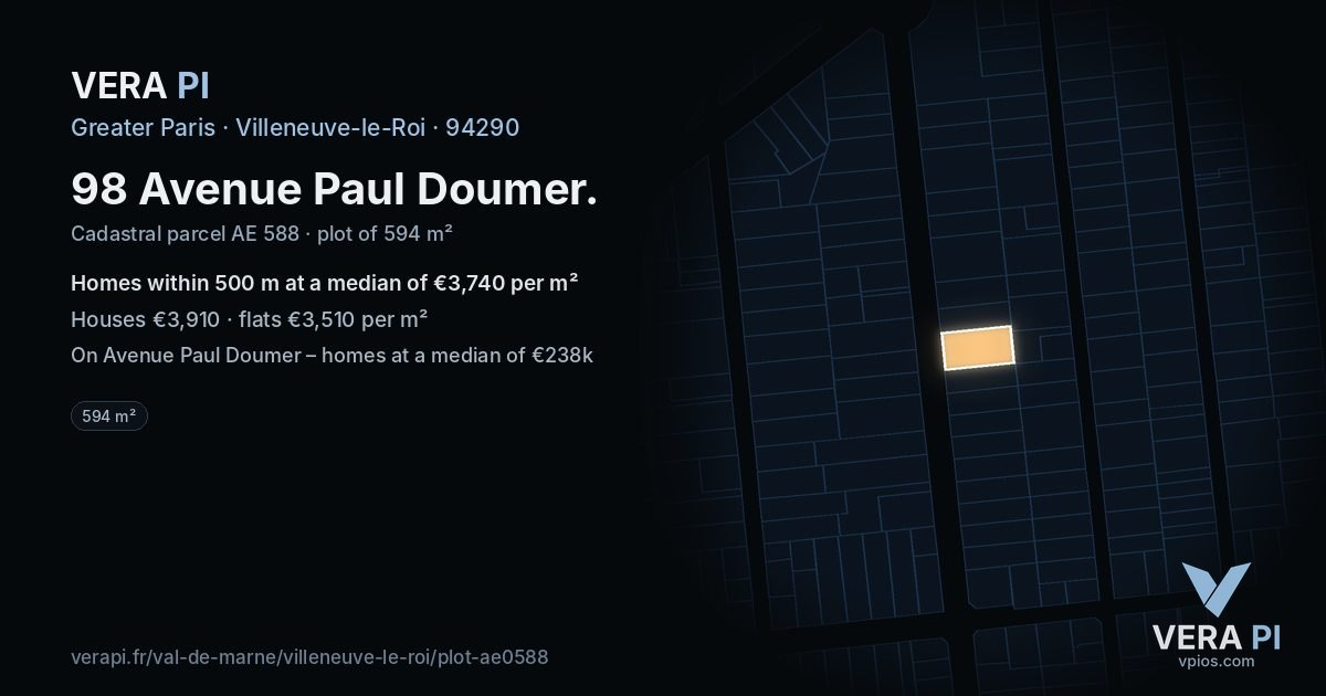 98 Avenue Paul Doumer, Villeneuve-le-Roi at night – the plot lit, the parcels around coloured by the prices near them