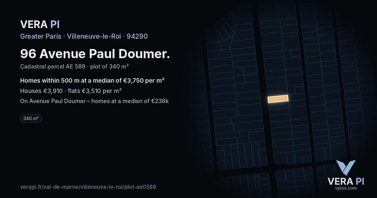 96 Avenue Paul Doumer, Villeneuve-le-Roi at night – the plot lit, the parcels around coloured by the prices near them