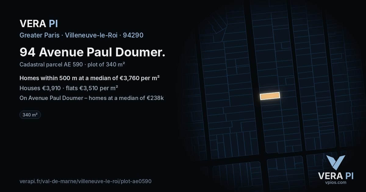 94 Avenue Paul Doumer, Villeneuve-le-Roi at night – the plot lit, the parcels around coloured by the prices near them