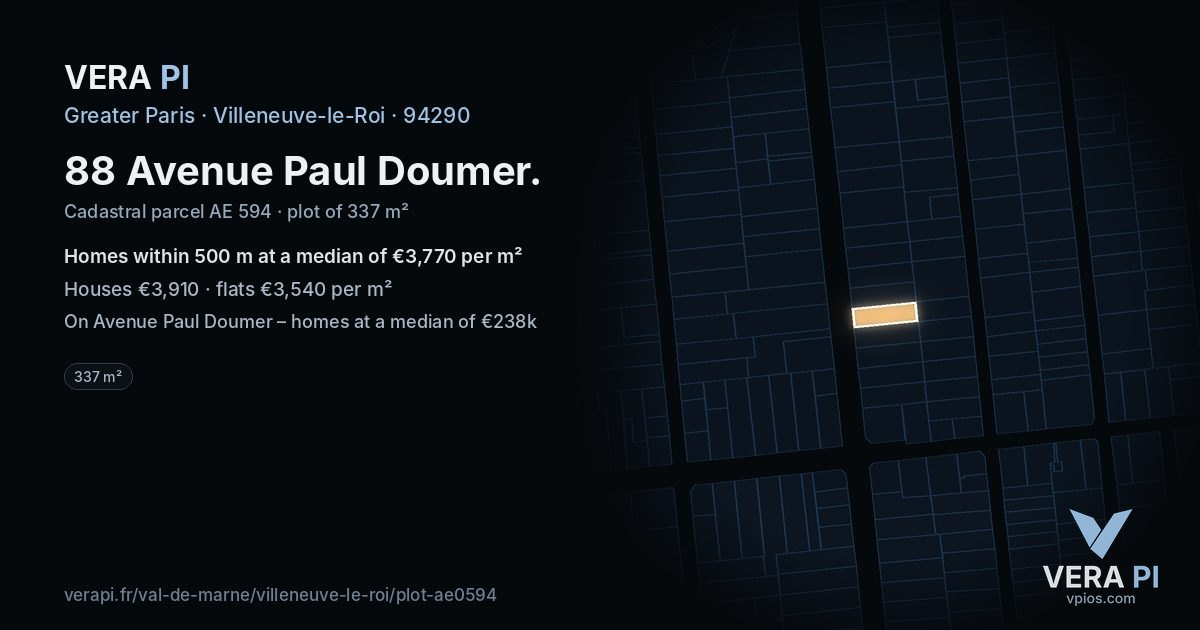 88 Avenue Paul Doumer, Villeneuve-le-Roi at night – the plot lit, the parcels around coloured by the prices near them