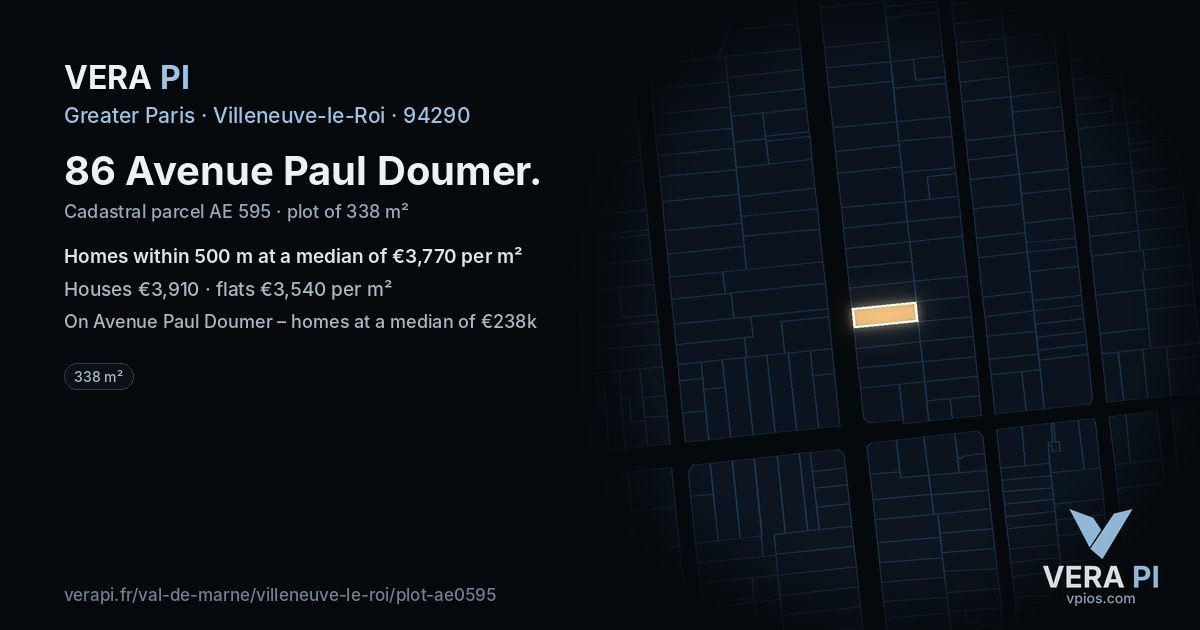 86 Avenue Paul Doumer, Villeneuve-le-Roi at night – the plot lit, the parcels around coloured by the prices near them