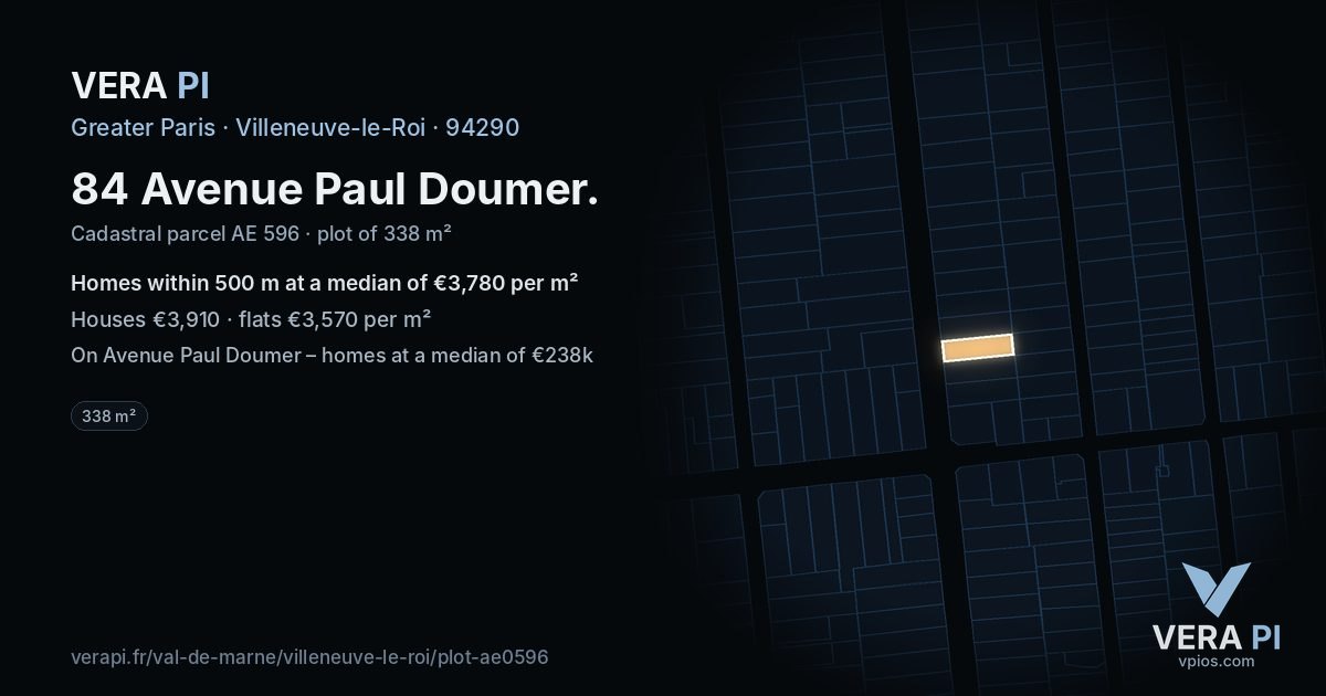 84 Avenue Paul Doumer, Villeneuve-le-Roi at night – the plot lit, the parcels around coloured by the prices near them