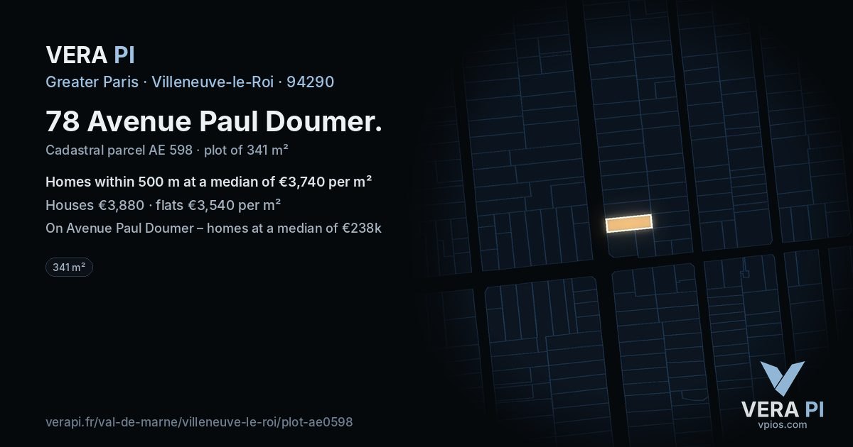 78 Avenue Paul Doumer, Villeneuve-le-Roi at night – the plot lit, the parcels around coloured by the prices near them