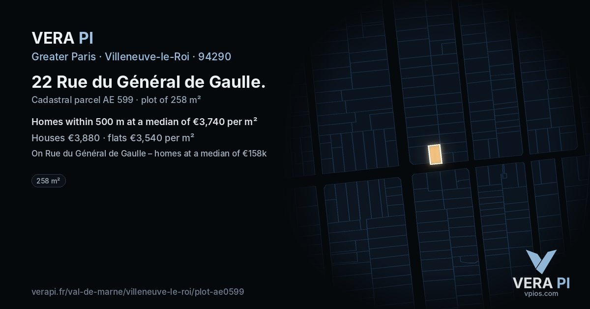 22 Rue du Général de Gaulle, Villeneuve-le-Roi at night – the plot lit, the parcels around coloured by the prices near them