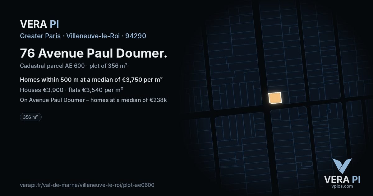 76 Avenue Paul Doumer, Villeneuve-le-Roi at night – the plot lit, the parcels around coloured by the prices near them