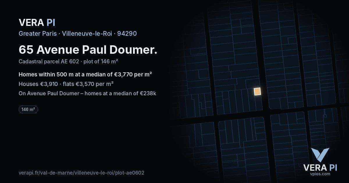 65 Avenue Paul Doumer, Villeneuve-le-Roi at night – the plot lit, the parcels around coloured by the prices near them