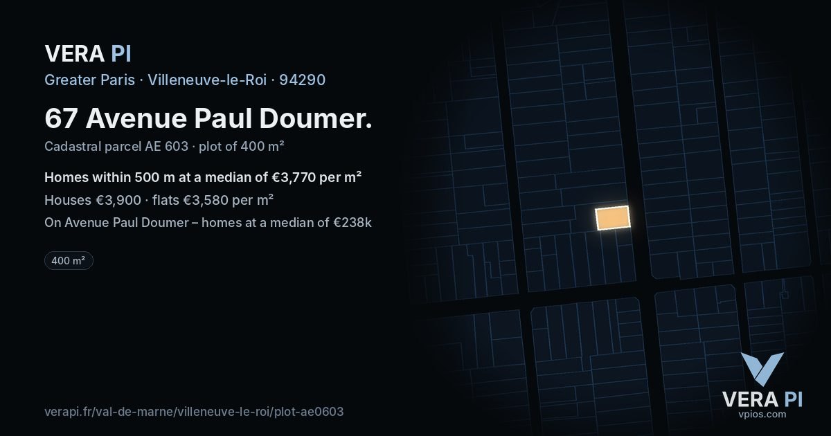 67 Avenue Paul Doumer, Villeneuve-le-Roi at night – the plot lit, the parcels around coloured by the prices near them