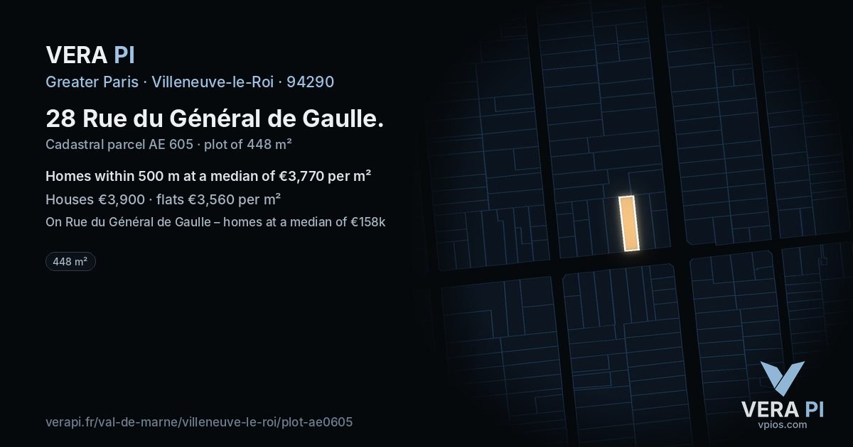 28 Rue du Général de Gaulle, Villeneuve-le-Roi at night – the plot lit, the parcels around coloured by the prices near them