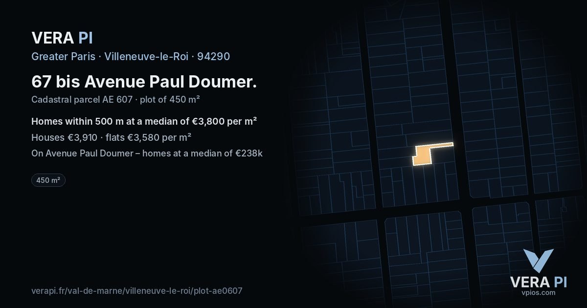 67 bis Avenue Paul Doumer, Villeneuve-le-Roi at night – the plot lit, the parcels around coloured by the prices near them