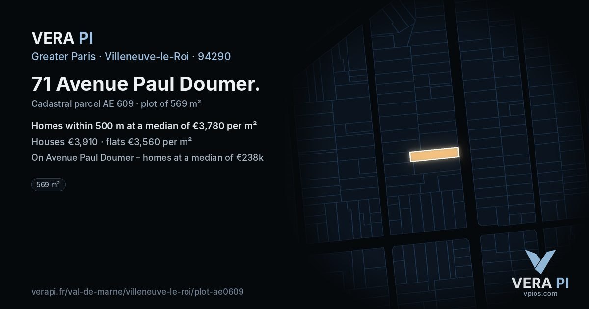 71 Avenue Paul Doumer, Villeneuve-le-Roi at night – the plot lit, the parcels around coloured by the prices near them