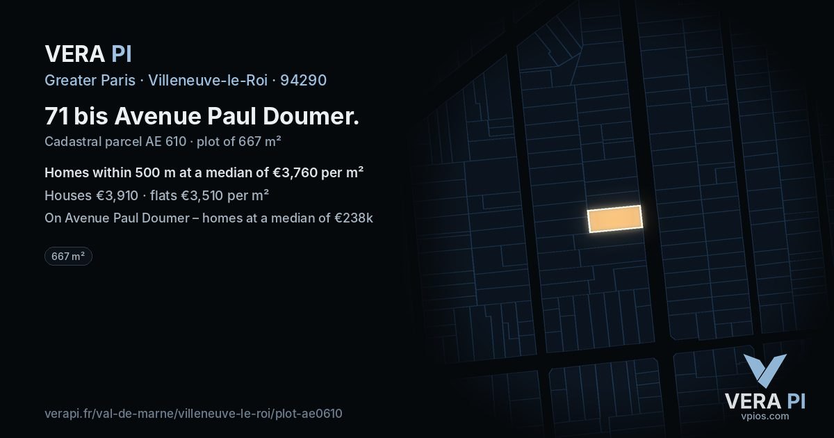 71 bis Avenue Paul Doumer, Villeneuve-le-Roi at night – the plot lit, the parcels around coloured by the prices near them