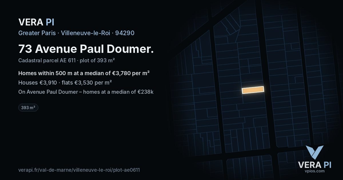 73 Avenue Paul Doumer, Villeneuve-le-Roi at night – the plot lit, the parcels around coloured by the prices near them