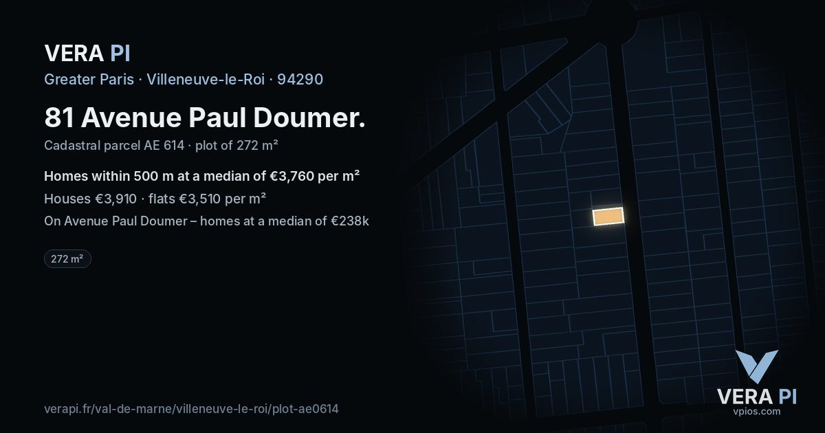 81 Avenue Paul Doumer, Villeneuve-le-Roi at night – the plot lit, the parcels around coloured by the prices near them