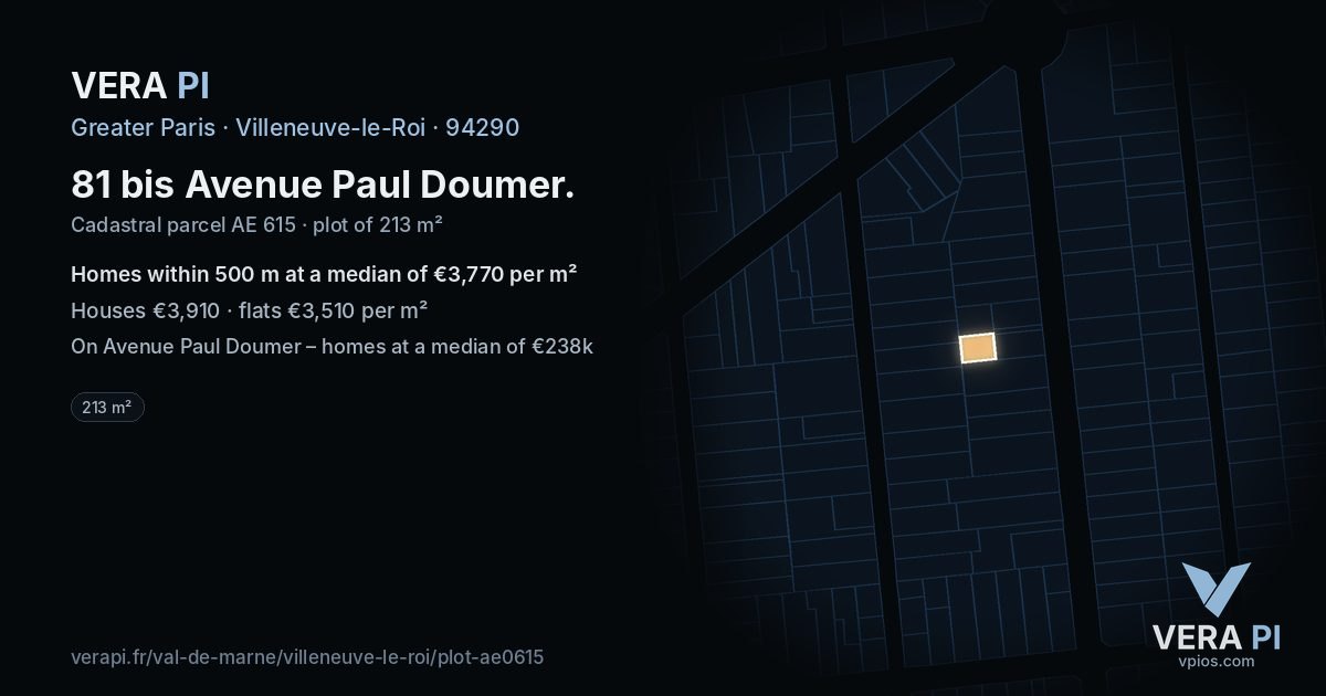 81 bis Avenue Paul Doumer, Villeneuve-le-Roi at night – the plot lit, the parcels around coloured by the prices near them
