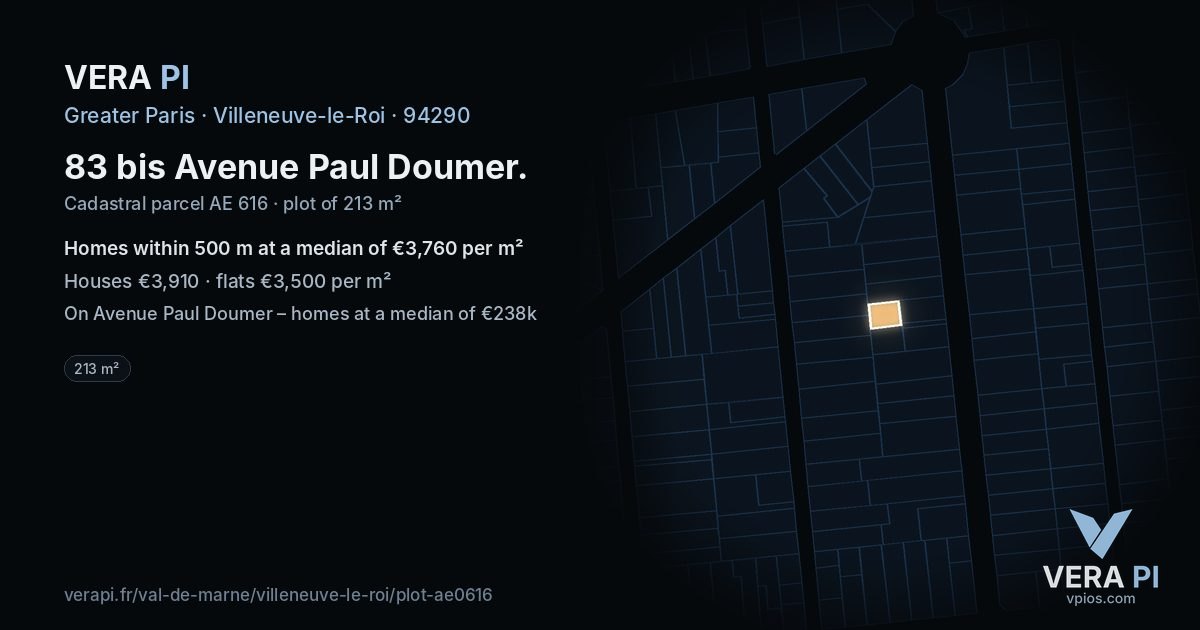 83 bis Avenue Paul Doumer, Villeneuve-le-Roi at night – the plot lit, the parcels around coloured by the prices near them